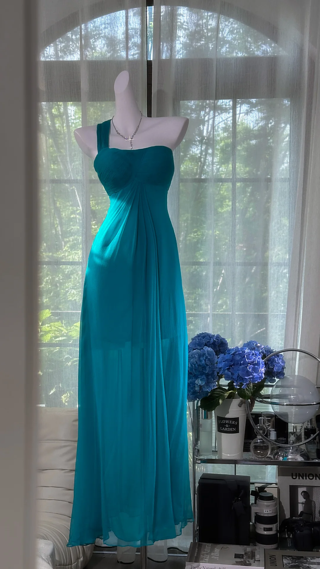 Peacock Blue A Line One Shoulder Chiffon Prom Dress Wedding Guest Dress SH4487