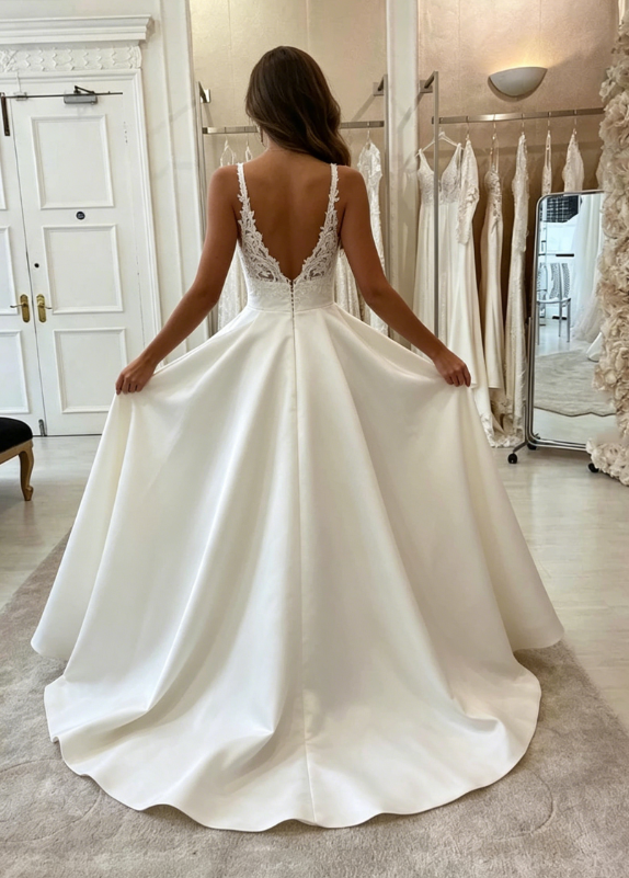 White v neck satin lace long prom dress evening dress A08