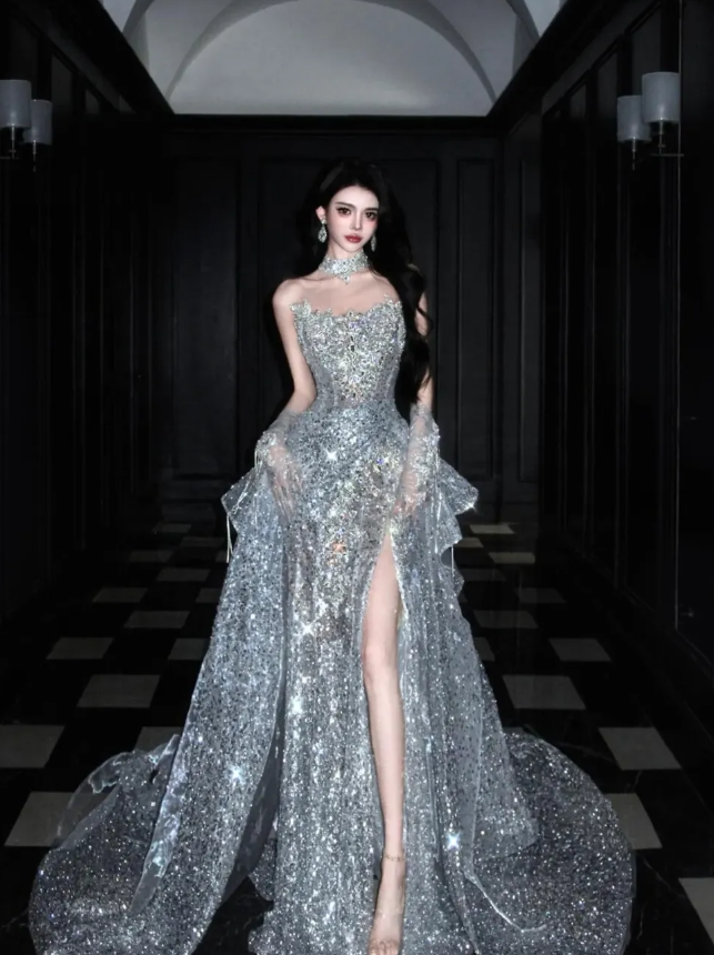 Silver Sequin Shiny Ball Gown Strapless Long Sweep Prom Dress Evening Dress Party Dress SH3617