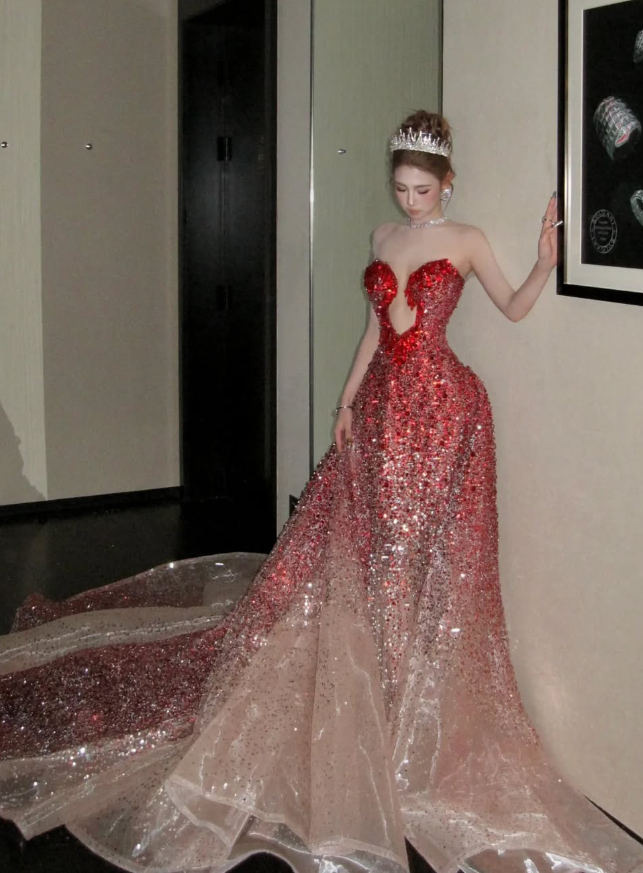 Mermaid Sweetheart Neck Red Ombre Sequin Tulle Long Prom Dress Graduation Prom Dress SH2460