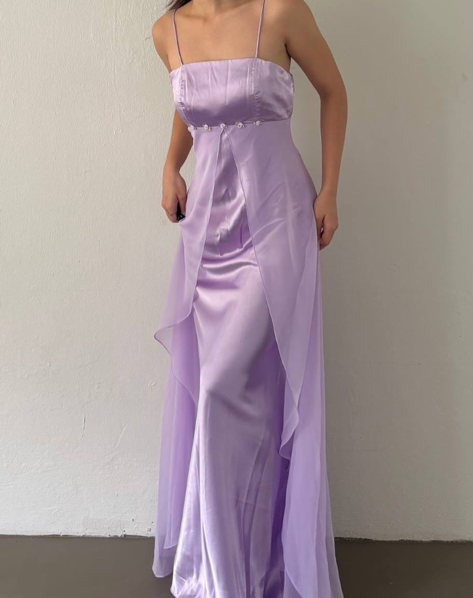 Cute A Line Spaghetti Strap Purple Satin Chiffon Long Prom Dress Evening Dress SH2610