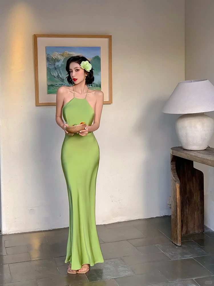 Simple Green Mermaid Straps Satin Open Back Long Prom Dress Vacation Dress SH4319