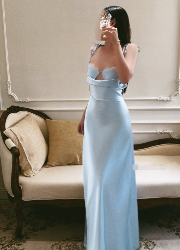 Baby Blue A Line Spaghetti Strap Lace Satin Prom Dress Evening Dress SH8783