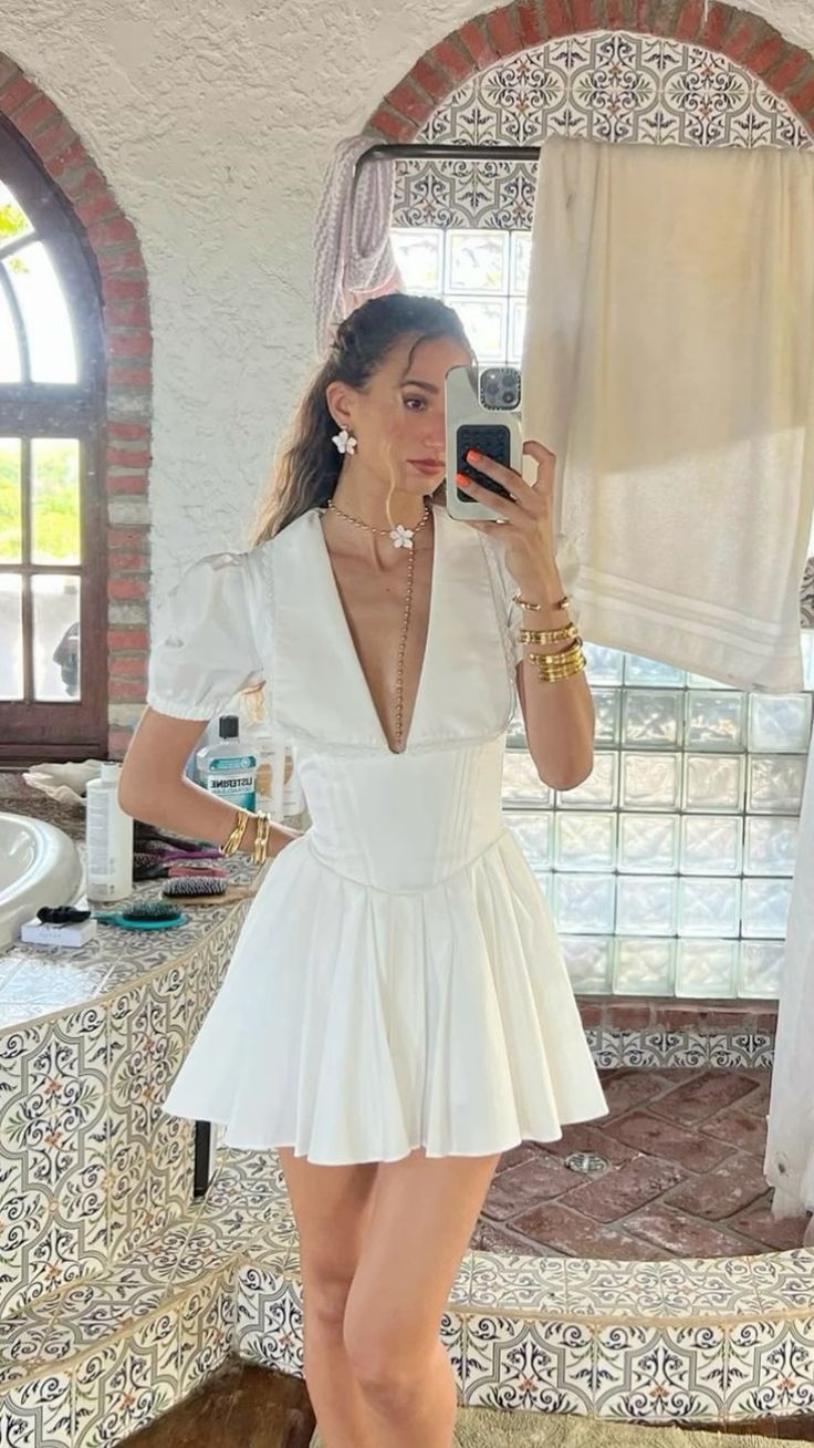Cute White A Line Puff Sleeve Simple Satin Short Prom Dress Homecoming Dress SH7595