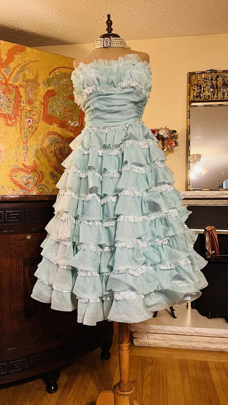 1940s Teal Vintage A Line Strapless Layered Organza Gown Homecoming Dress SH3661