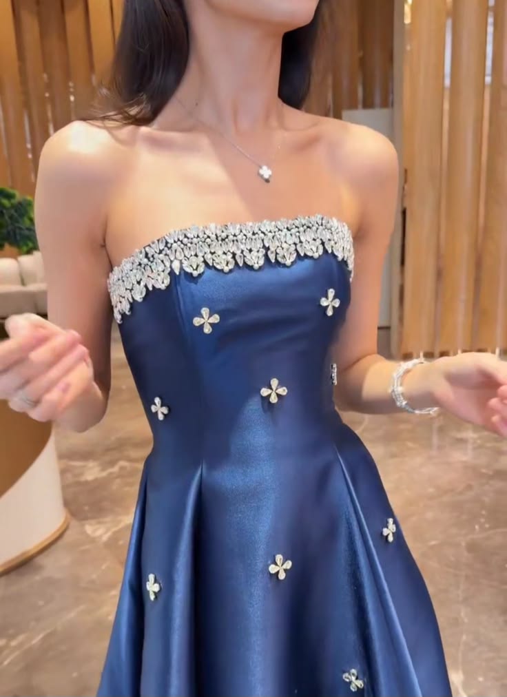 Elegant A Line Strapless Shiny Rhinetone Navy Blue Satin Long Prom Dress Evening Dress SH8323