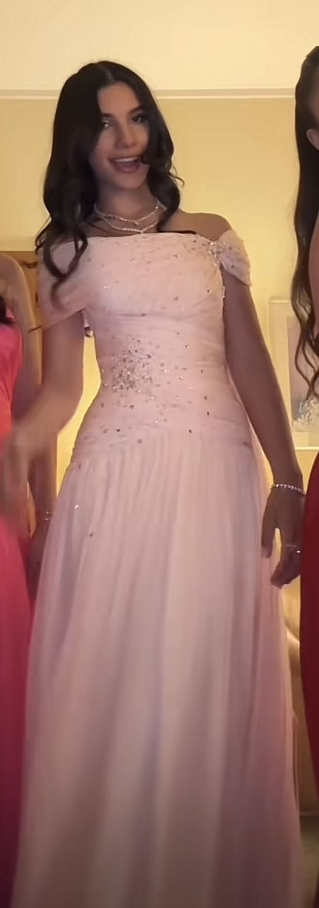 Pink Elegant A Line Off the Shoulder Beaded Chiffon Long Evening Dress Prom Dress SH3937