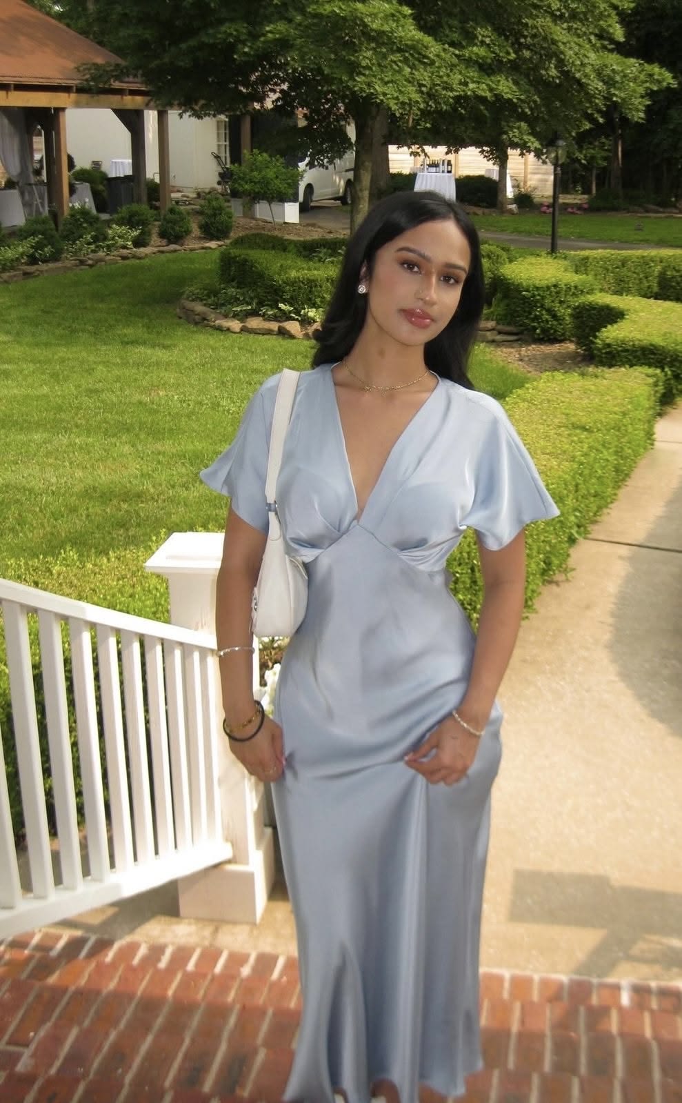 Simple Blue A Line V Neck Satin Prom Dress Evening Dress SH7282