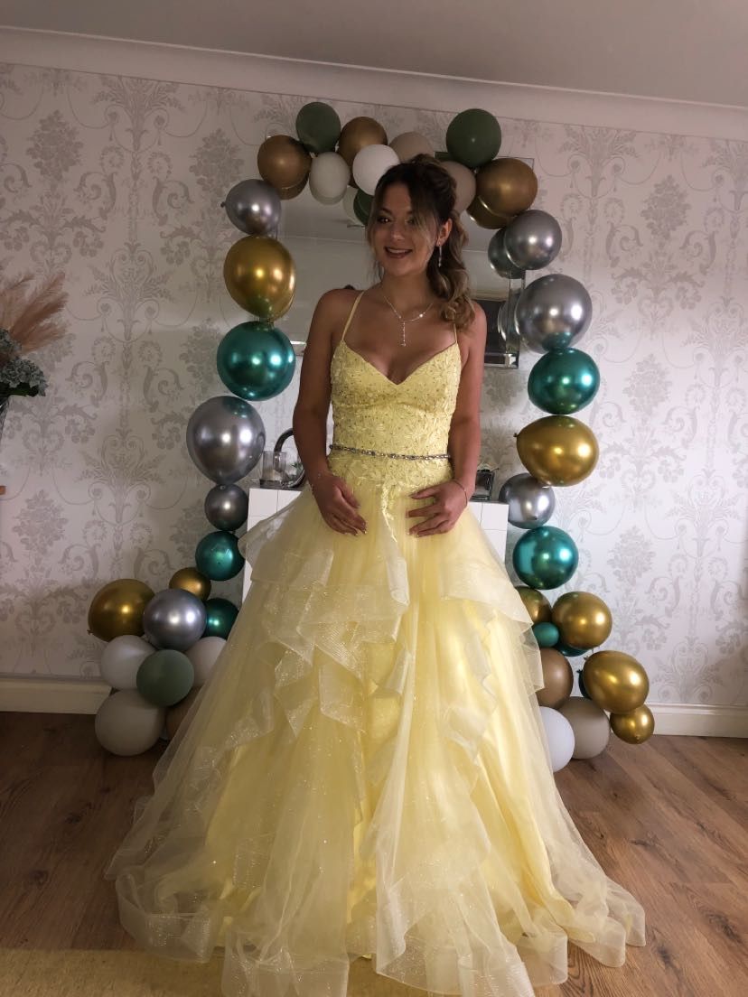 Yellow A Line Spaghetti Strap Lace Appliques Layered Organza Long Prom Dress Formal Dress SH3856