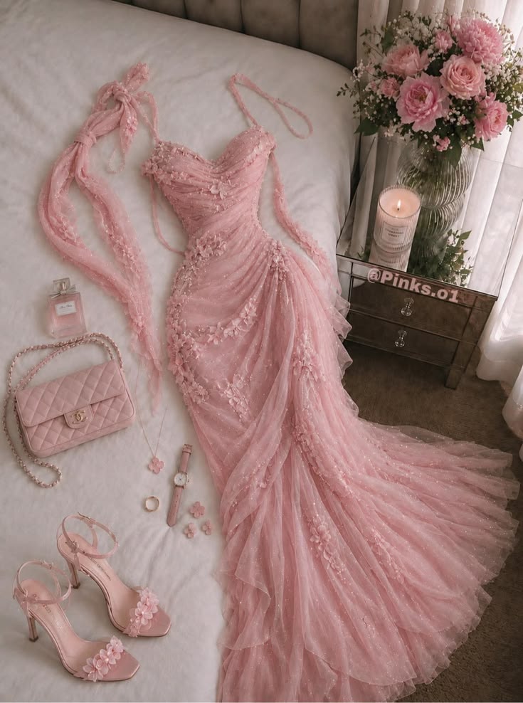 Pink Ombre Mermaid Spaghetti Straps Beaded Tulle Prom Dress Evening Dress SH6459