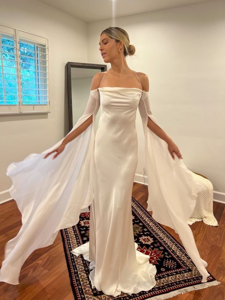 Simple Sheath Long Sleeve White Satin Chiffon Long Wedding Dress Prom Dress SH7428