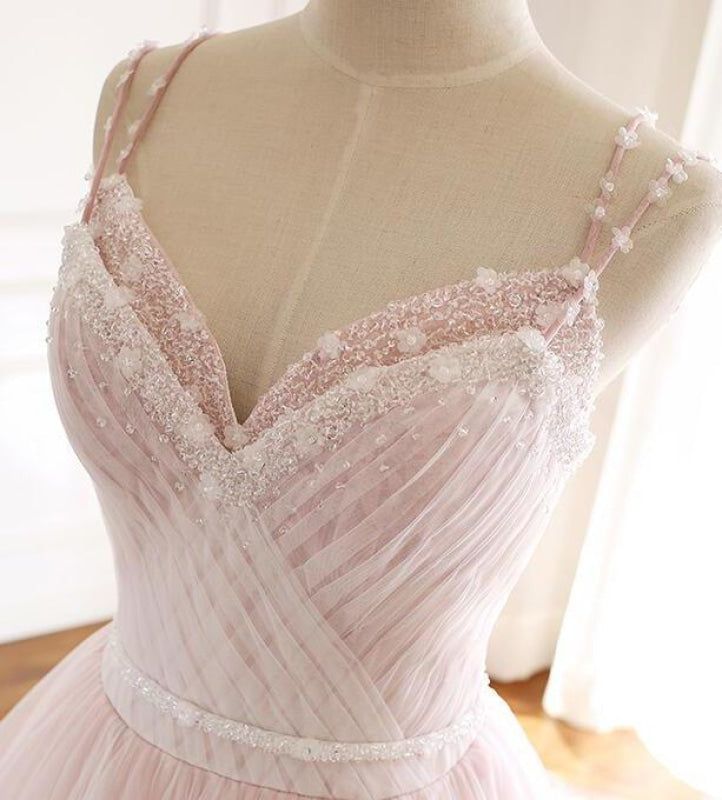 Light Pink A Line Beaded Appliques Tulle Prom Dress Evening Dress SH1625