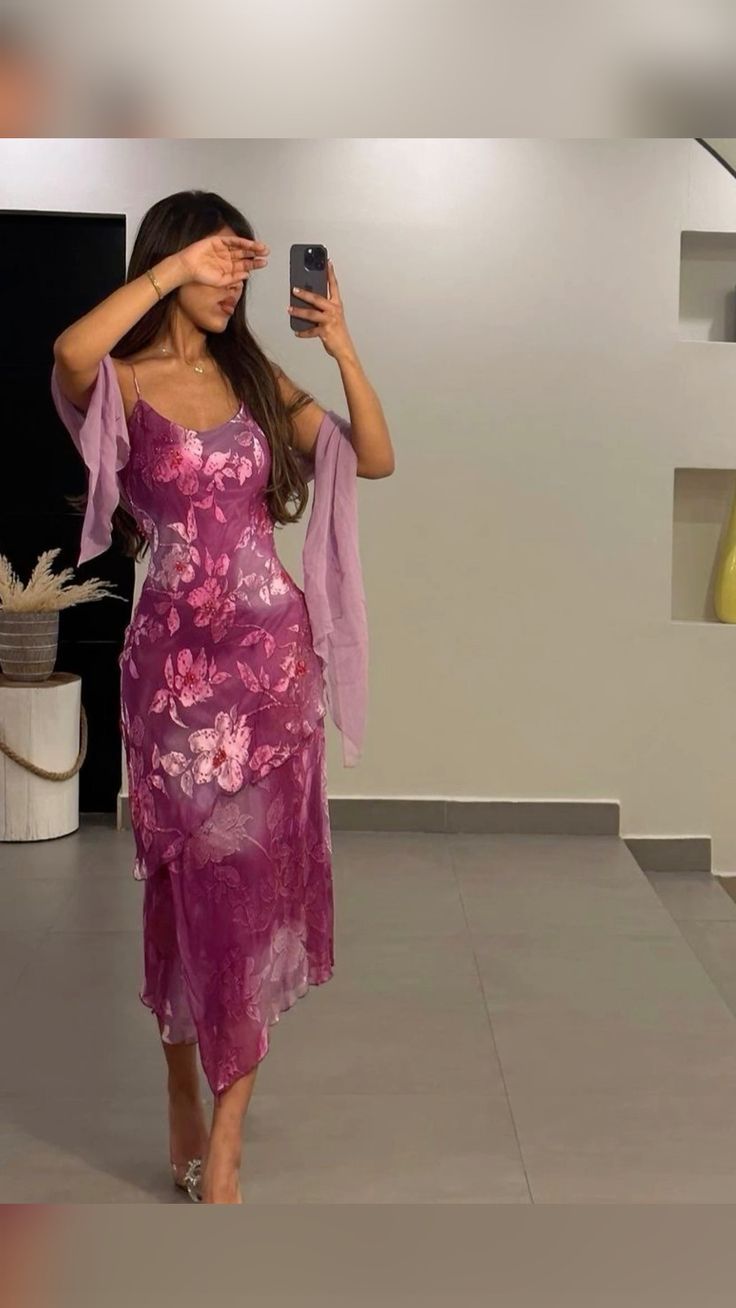 Vintage Sheath Spaghetti Strap Print Floral Fuchsia Chiffon Party Dress Prom Dress SH7639