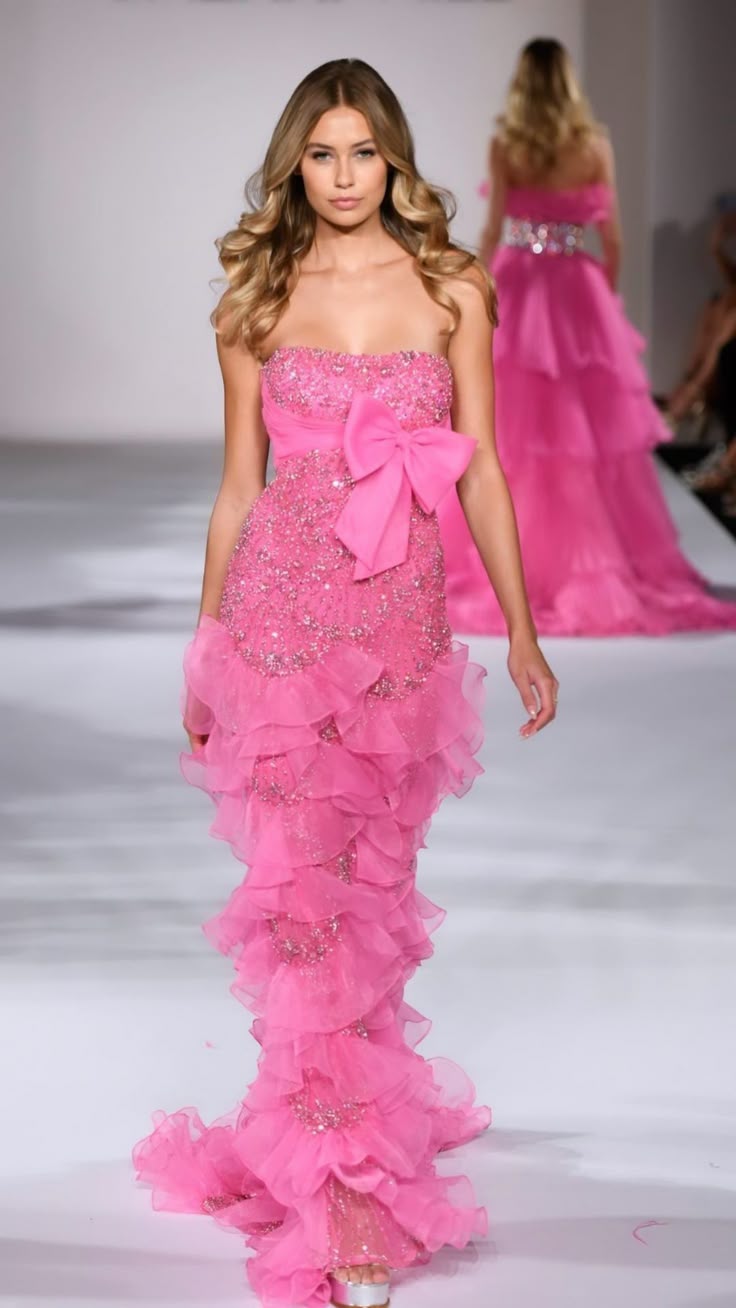 Barbie Pink Bow Stunning Sheath Ruffle Organza Sequin Long Prom Dress Evening Dress SH3457 Barbie Pink Bow Stunning Sheath Ruffle Organza Sequin Long Prom Dress Evening Dress SH3457
