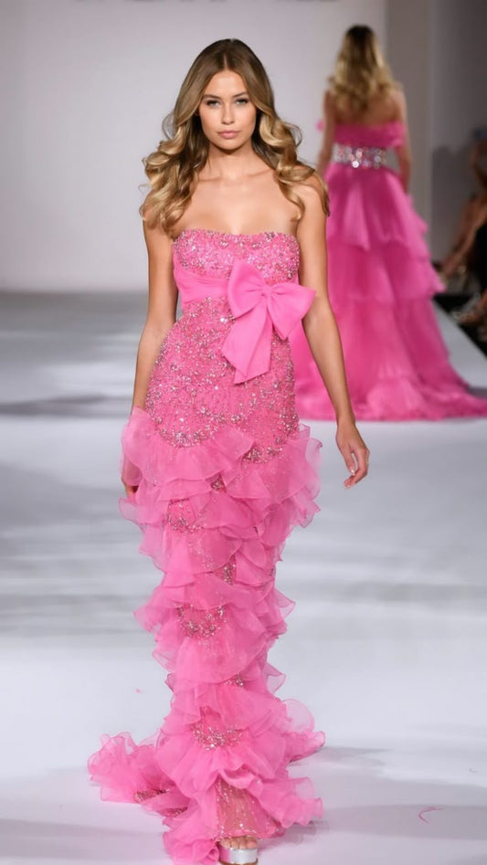 Barbie Pink Bow Stunning Sheath Ruffle Organza Sequin Long Prom Dress Evening Dress SH3457