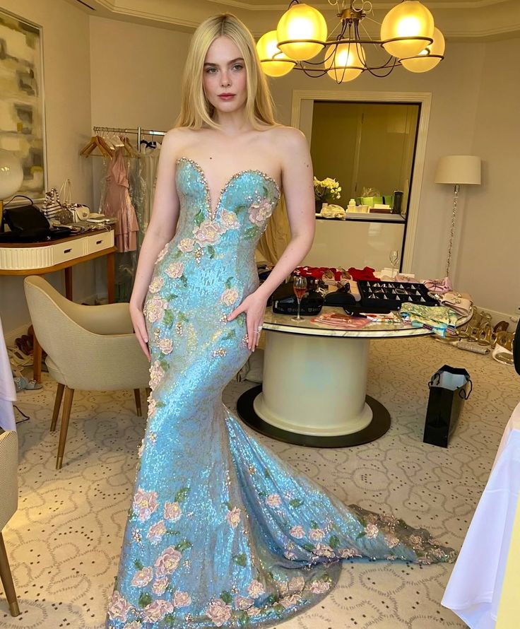 Blue Mermaid Sweetheart Neck Floral Sequin Prom Dress Party Dress SH4296