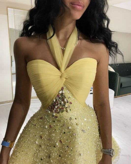 Yellow Exquisite A Line Halter Rhinestone Tulle Short Homecoming Dress Date Dress Cocktail Dress SH3469
