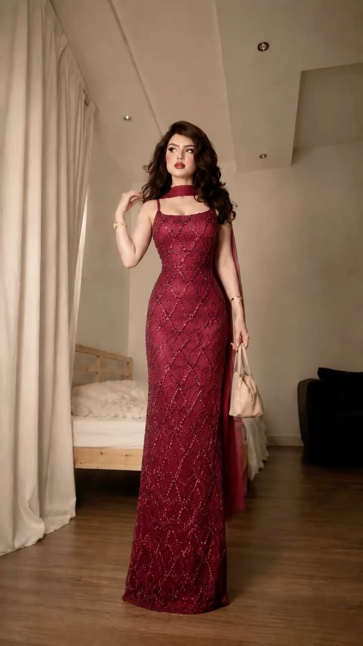 Glamorous Sheath Spaghetti Strap Beaded Sequin Burgundy Tulle Long Prom Dress Evening Dress SH7040