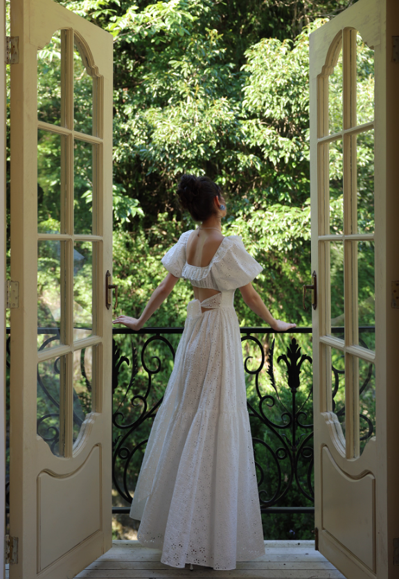 Princess A Line Puff White Lace Prom Dress Party Dress SH4171