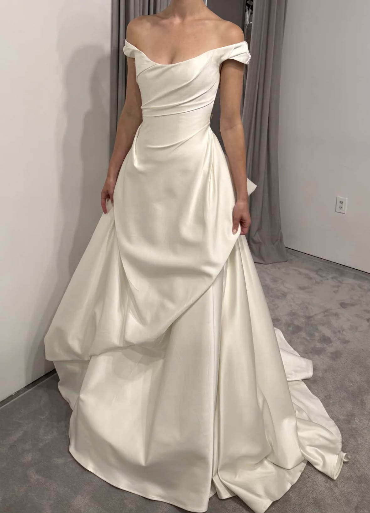 Simple A Line Off the Shoulder White Pleated Satin Long Wedding Dress SH8349