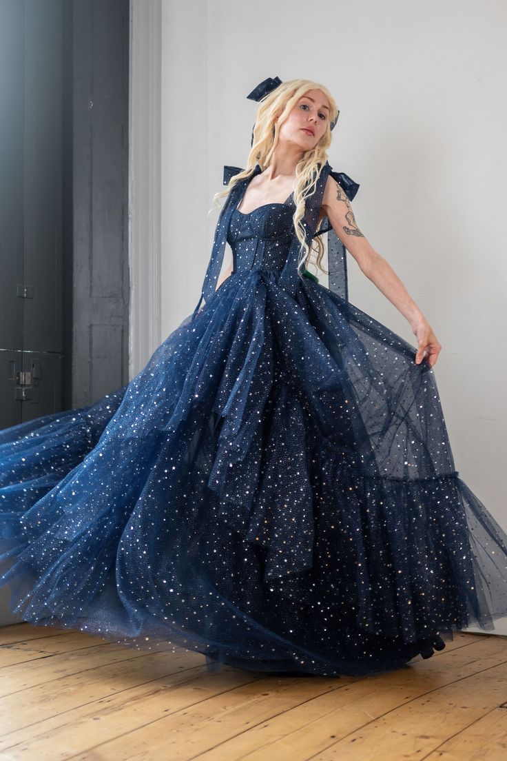 Star Sequin Navy Blue A Line Straps Layered Tulle Date Dress Prom Dress Evening Dress SH3888