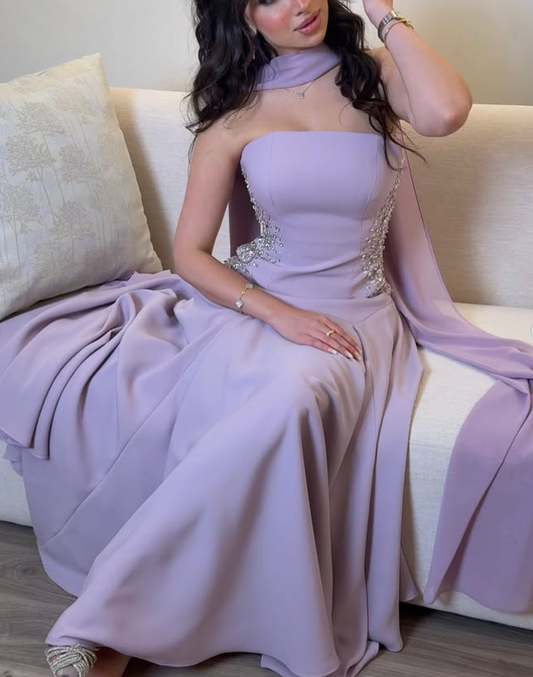 Lilac A Line Strapless Beaded Satin Long Prom Dress Evening Dress SH3316