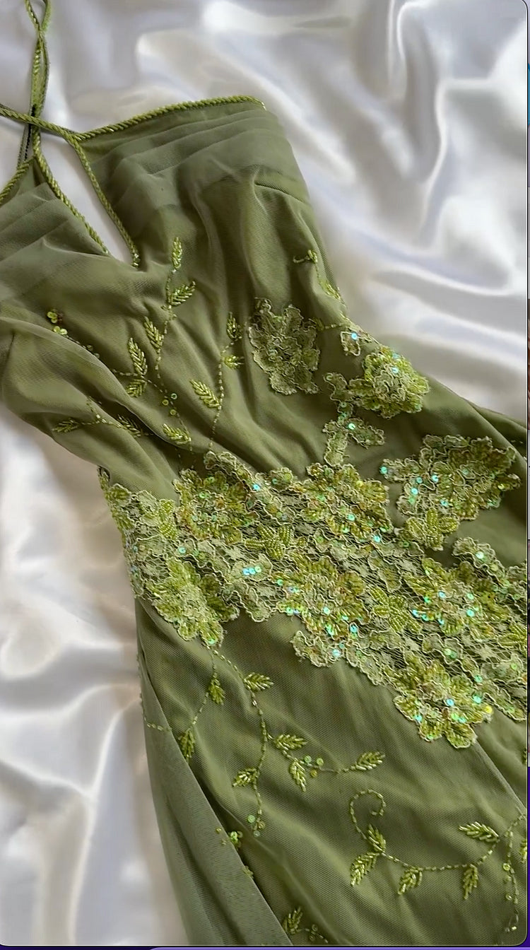 Vintage A Line Halter Sequin Appliques Green Chiffon Prom Dress Evening Dress SH2298