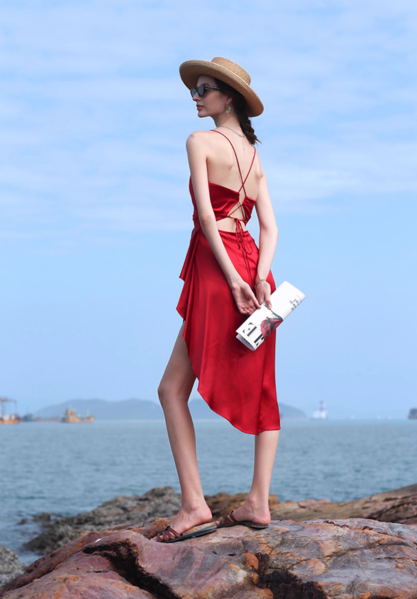 Burgundy A Line Spaghetti Strap Satin Open Back Short Homecoming Dress Vacation Dress Outfits SH3995
