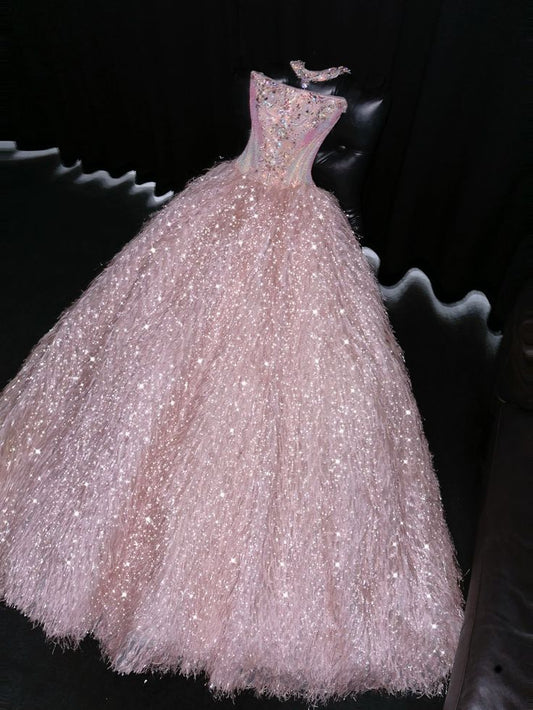 Exquisite Pink Beaded Feather Ball Gown Tulle Prom Dress Party Dress SH3411