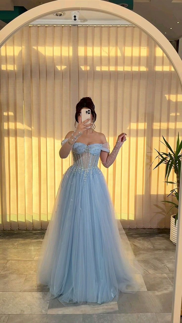 Stunning Blue A Line Off the Shoulder Exquisite Beaded Tulle Long Prom Dress Evening Dress SH8337