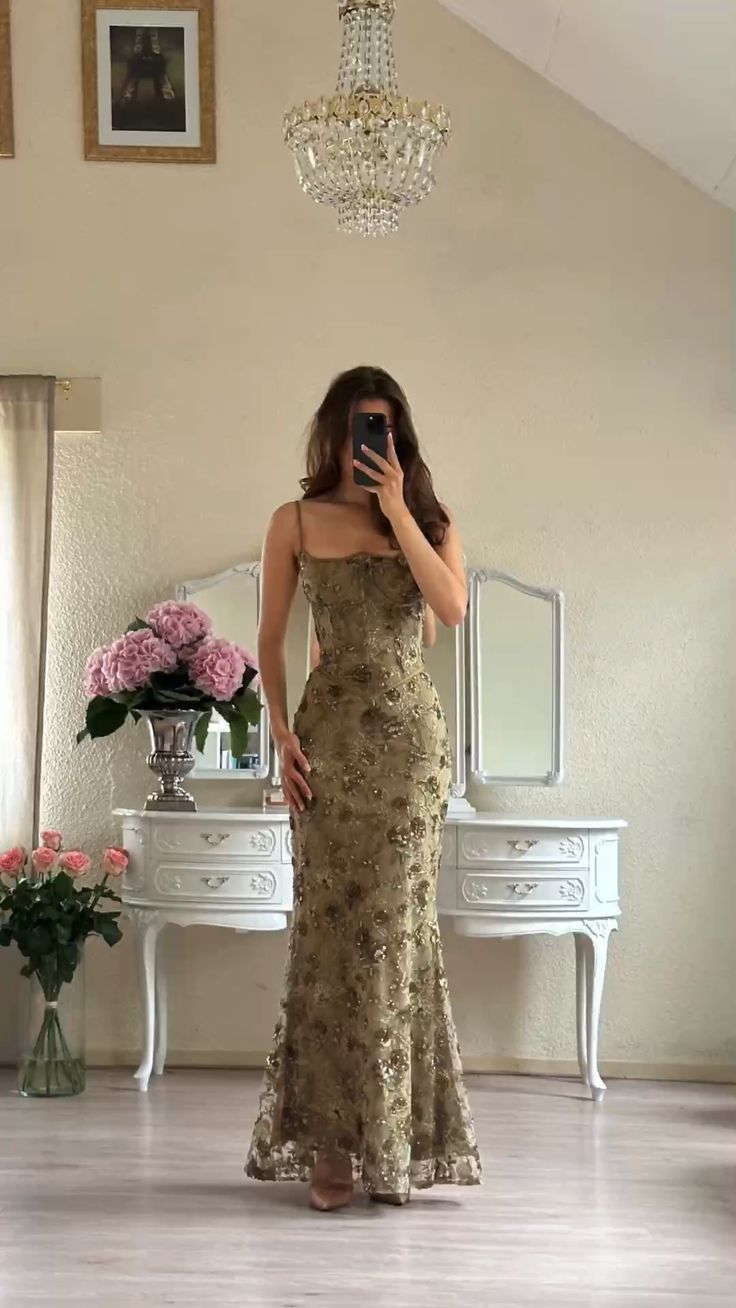 Gorgeous Mermaid Spaghetti Straps Floral Olive Green Tulle Prom Dress SH5148