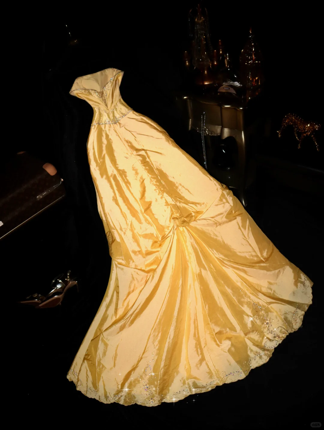 Gentle A Line Strapless Beaded Sequin Yellow Satin Long Prom Dress Party Dress SH3045