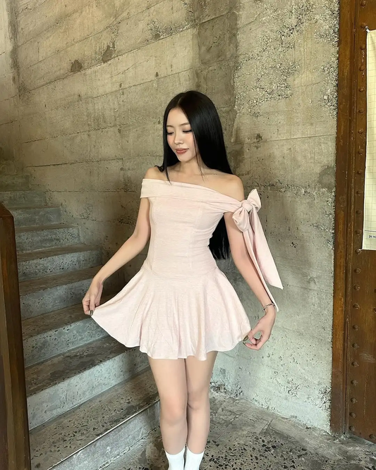 Cute A Line Off the Shoulder Bow Light Pink Satin Short Homecoming Dress Cocktail Dress SH3355