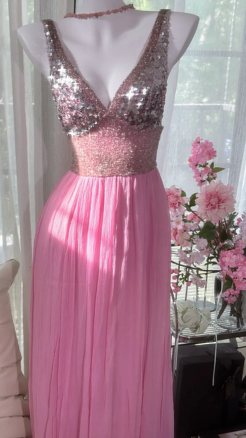 Shiny Pink Beaded Silver Sequin V Neck Chiffon Date Dress Evening Dress Wedding Guest Dress SH3438