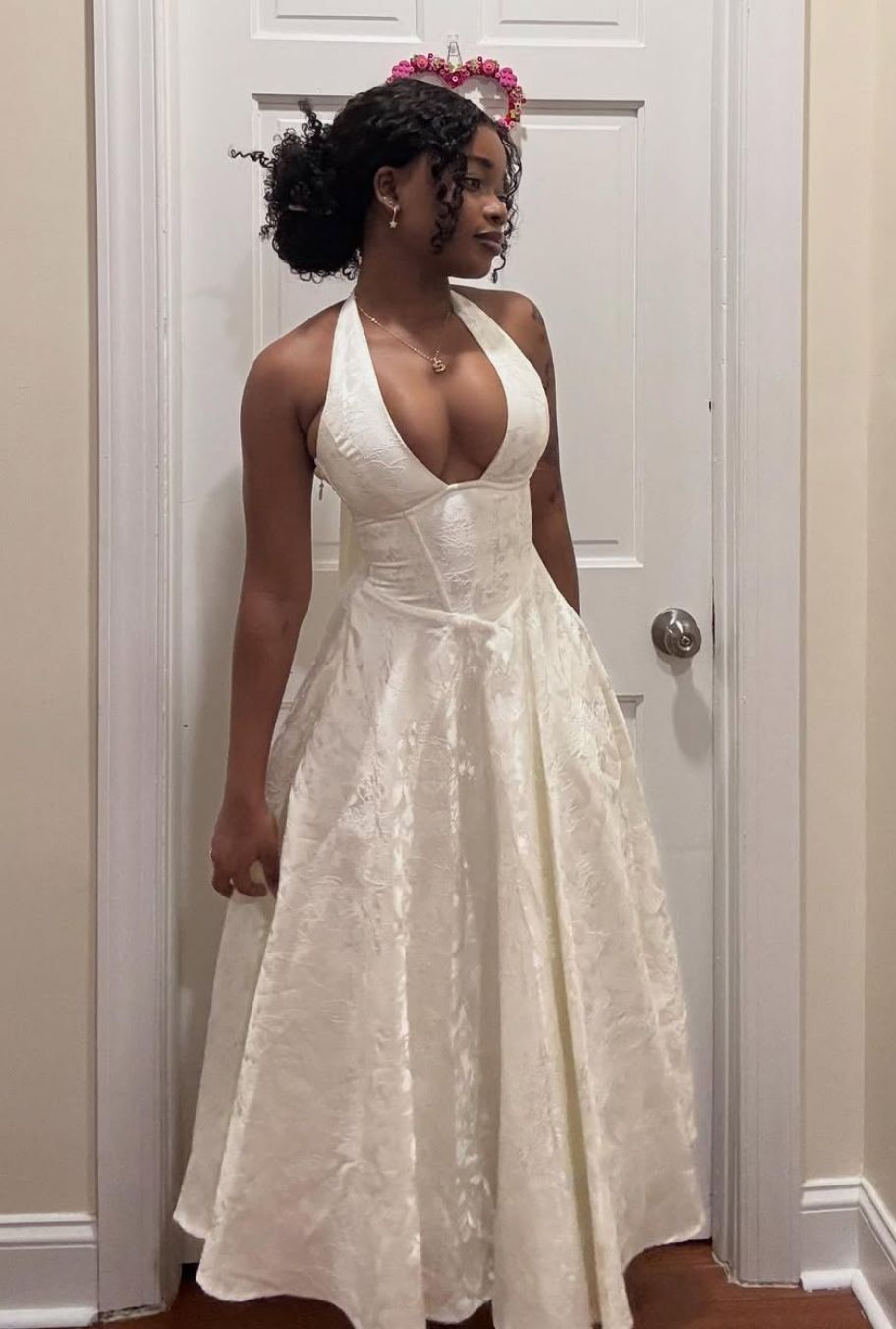 Elegant White A Line Halter Print Floral Satin Prom Dress Evening Dress SH5619
