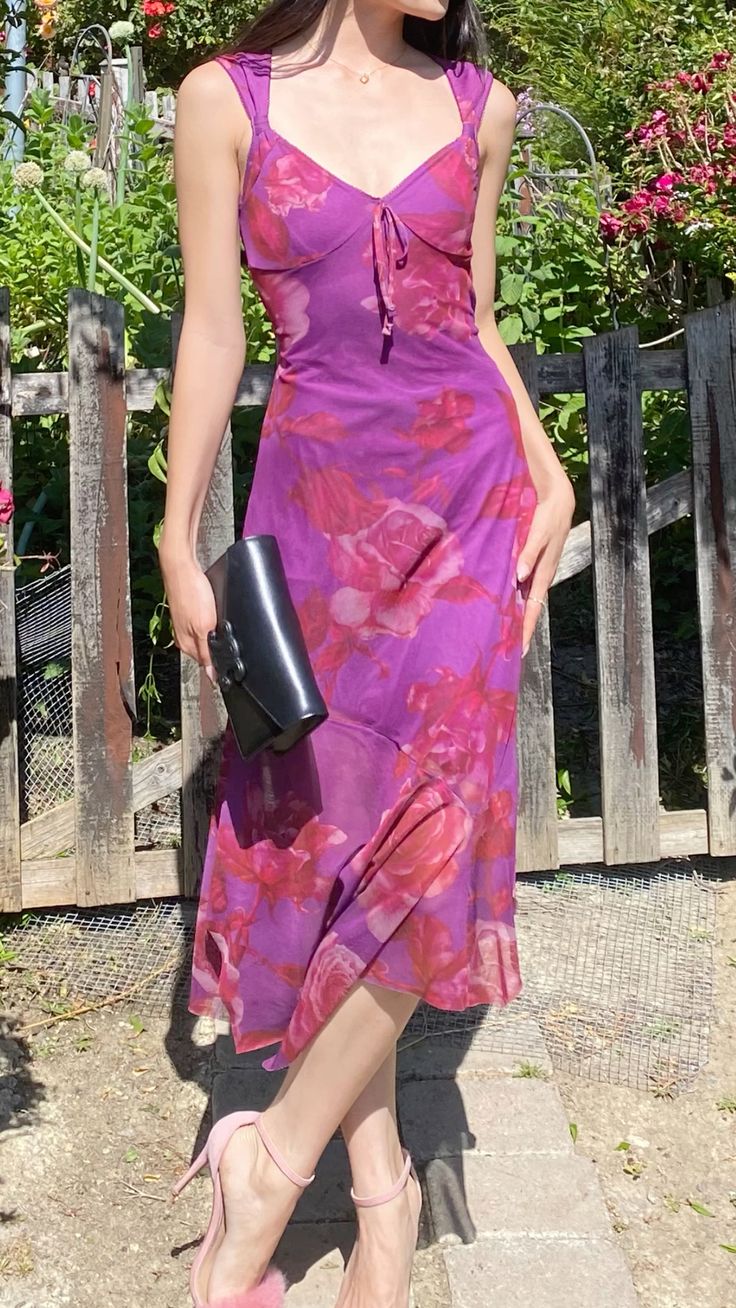 Pretty Purple A Line Straps Print Floral Chiffon Party Dress Date Dress Outfits SH3966