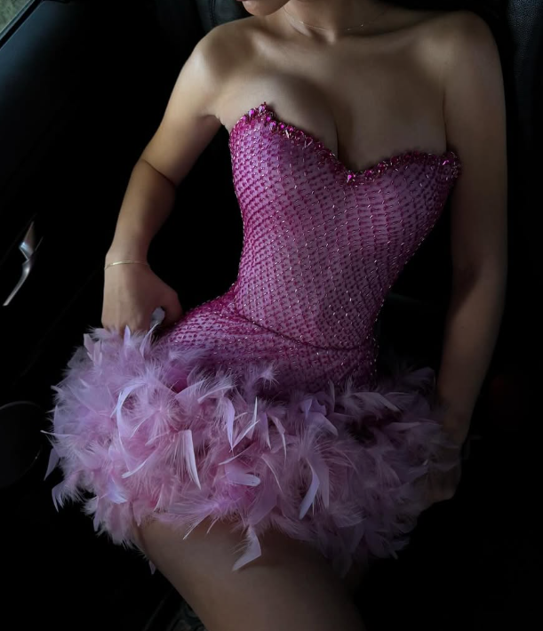 Sexy Pink Strapless Beaded Tulle Feather Short Prom Dress SH4568