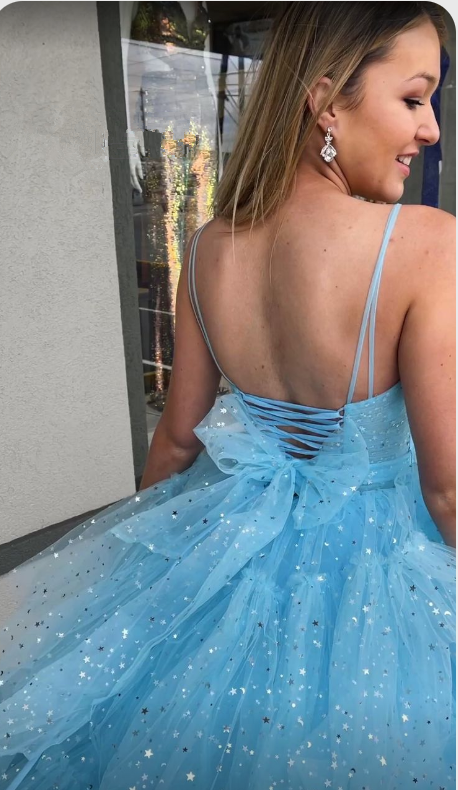 Unique Spaghetti Strap Blue Layered Tulle Sequined Hi-Lo Prom Dress SH624