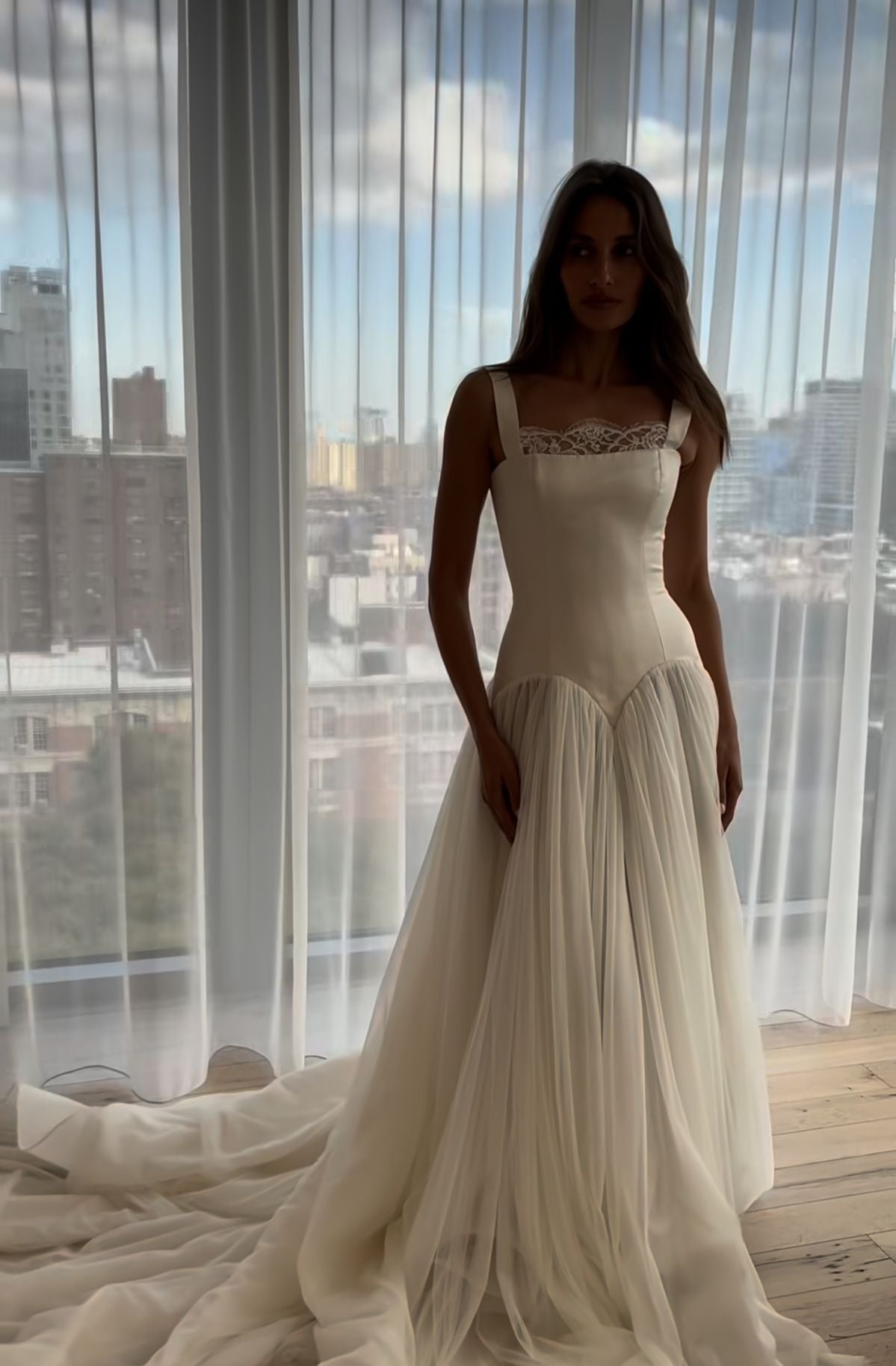 Unique A Line Spaghetti Strap White Satin Tulle Long Wedding Dress SH7270