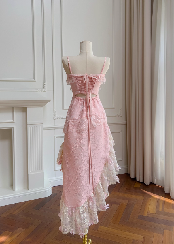 Pink A Line Spaghetti Strap Beaded Lace Homecoming Dress Birthday Dress SH4509