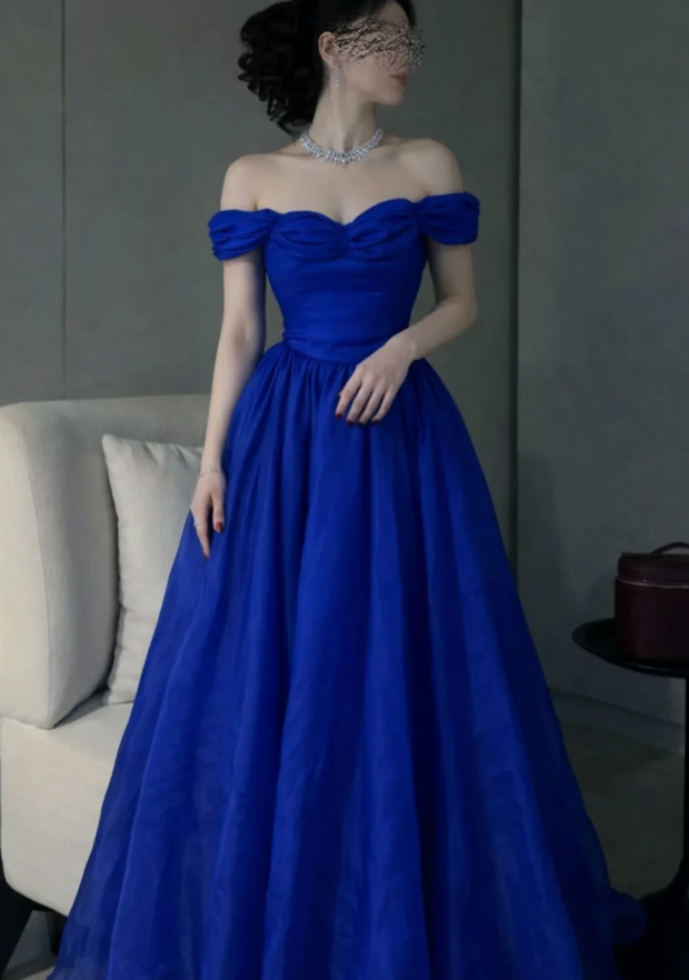 Charming Blue Ball Gown Off the Shoulder Organza Long Prom Dress Wedding Guest Dress SH5411