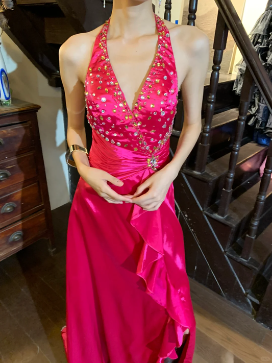 Barbie Pink Retro Mermaid Halter Beaded Ruffle Satin Party Dress Evening Dress SH3369