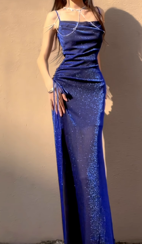 Royal Blue Stunning Sheath Spaghetti Strap Tulle Prom Dress Evening Dress SH4081