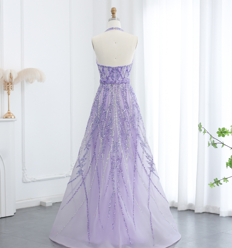 Lilac A Line V Neck Sequin Beaded Tulle Long Prom Dress Evening Dress SH2374