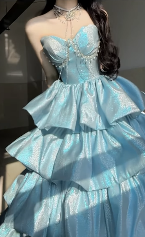 Dreamy Blue Ball Gown Sweetheart Neck Layered Sequin Prom Dress SH4571