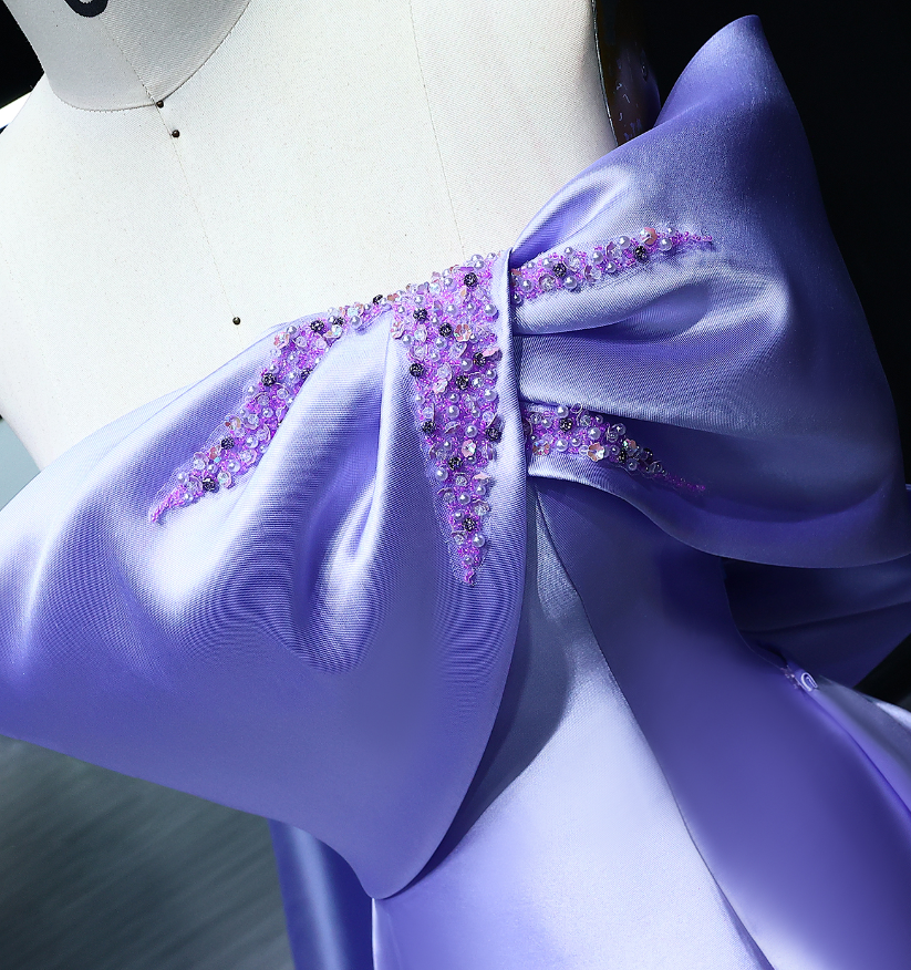 Elegant A Line Off the Shoulder Lilac Beaded Satin Prom Dress Evening Dress with Bow SH2398