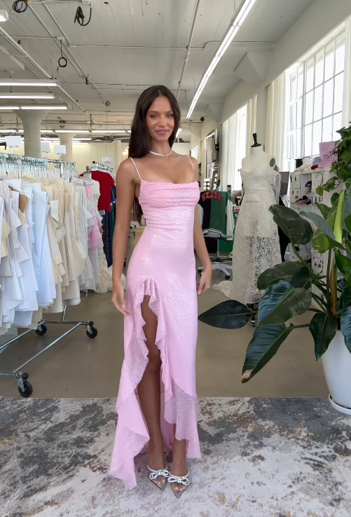 Pink Mermaid Spaghetti Strap Sequin Ruffle Long Prom Dress 16th Birthday Dress with Slit SH4511