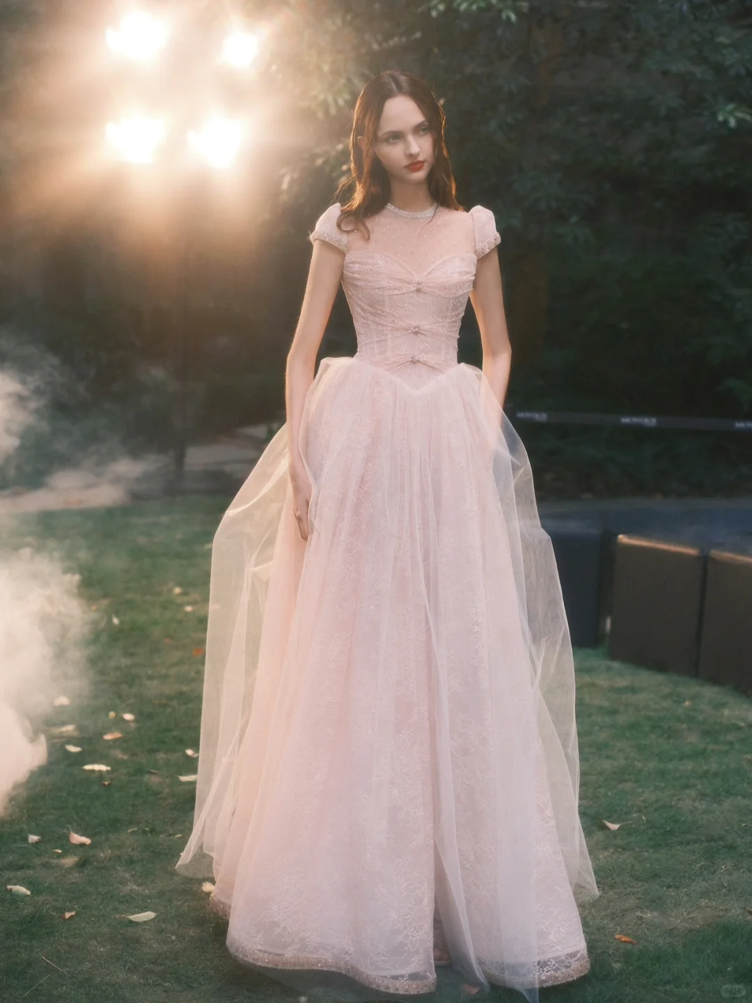Princess A Line Round Neck Beaded White Lace Tulle Long Prom Dress Evening Dress SH3317