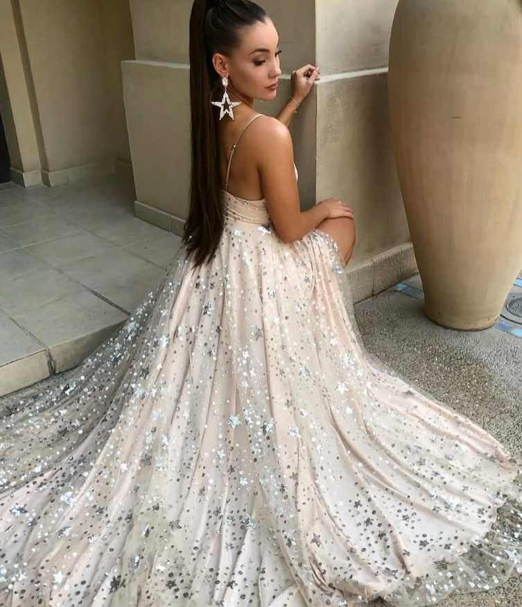 Stunning A Line Spaghetti Strap Star Sequin Tulle Long Prom Dress Evening Dress with Slit SH393