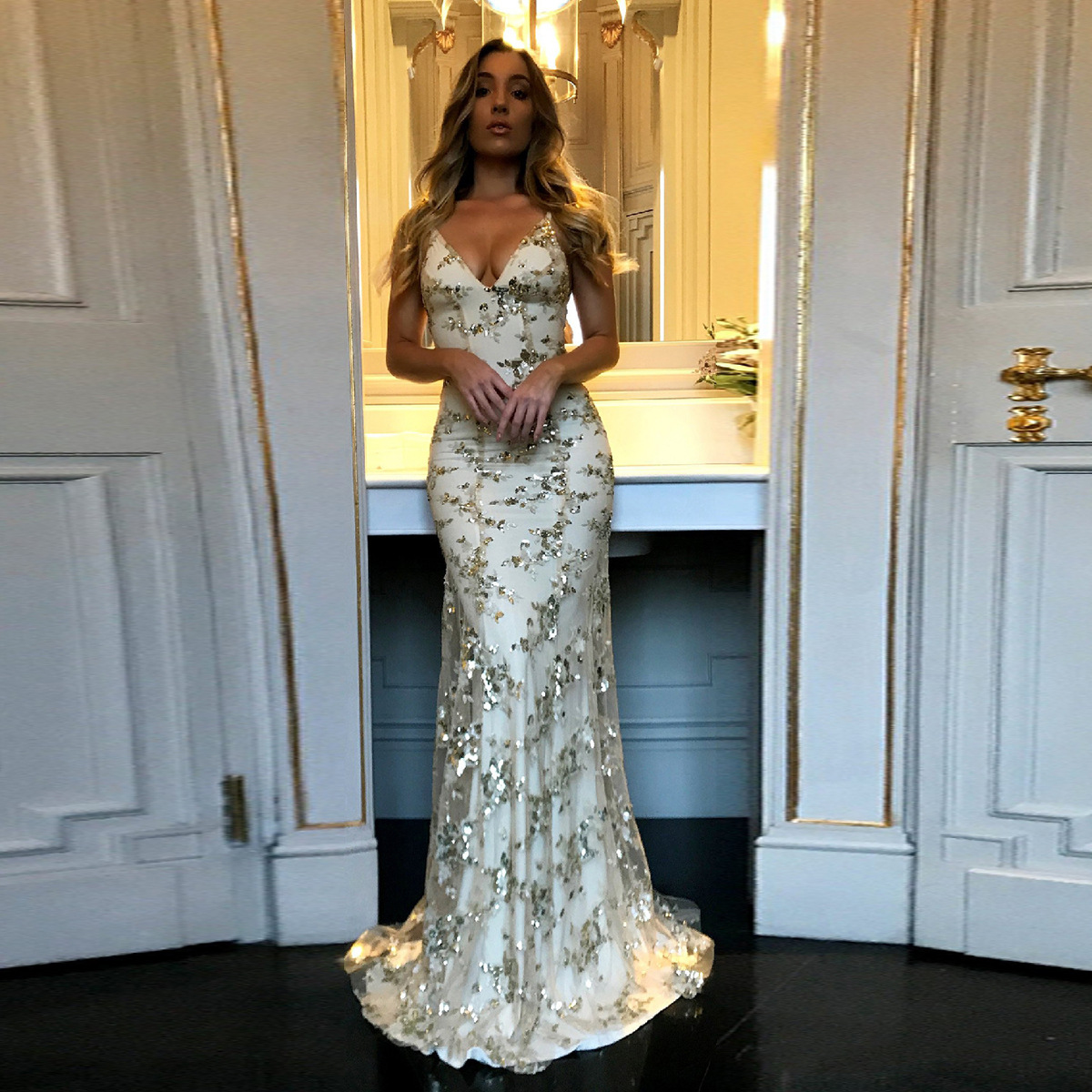 Sexy Mermaid Gold Sequin Tulle Long Backless Prom Dress Evening Dress D1074